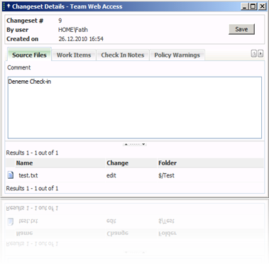 Check-in'e ait detaylı bilgilerin verildiği Changeset Details diyaloğu
