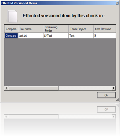 Check-in ile etkilenen dosyaların listelendiği Effected Versioned Items diyaloğu