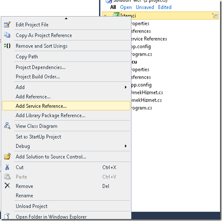 Visual Studio hizmet referansı ekleme sihirbazını projeye sağ tıklanarak gelen menüden başlatılabilir