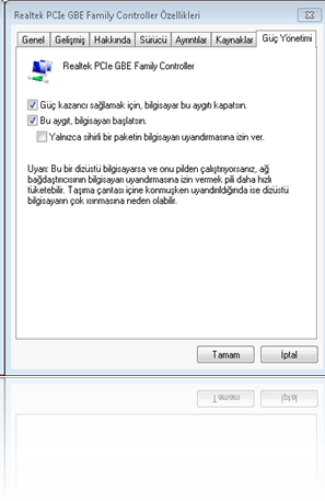 Ağ arayüzün özellikler ekranında Wake-On-Lan seçeneğinin aktif hale getirilmesi