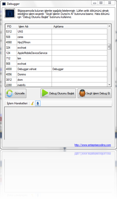 Örnek Debugger uygulamasından bir ekran görüntüsü