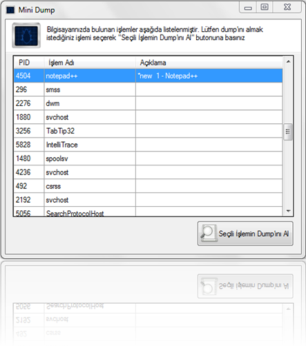 Mini Dump uygulaması ana ekranı
