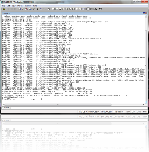 WinDBG ile bir  işleme bağlandıktan sonra alınan ilk hata : BreakPoint