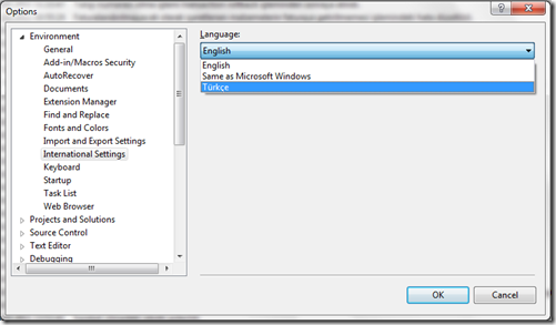 Visual Studio 2010 dil seçimi