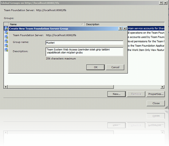 Create new Team Foundation Server group diyalogu yardımıyla müşterilerimize ait grubumuzu oluşturuyoruz