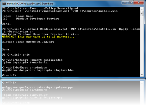 bcdboot yardımıyla açılış işlemlerini VHD dosyamıza yönlendirebiliriz