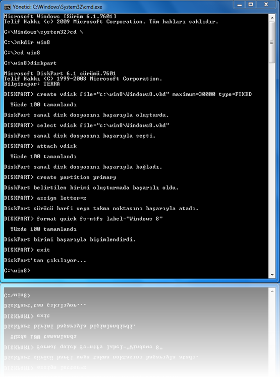 Diskpart kullanarak VHD dosyası oluşturulması ve formatlanması