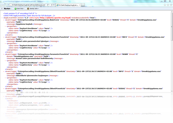 Log dosyası içeriğinin <!ENTITY data SYSTEM 'Log.xml'> kullanılarak ikinci bir dosyaya eklenmiş hali