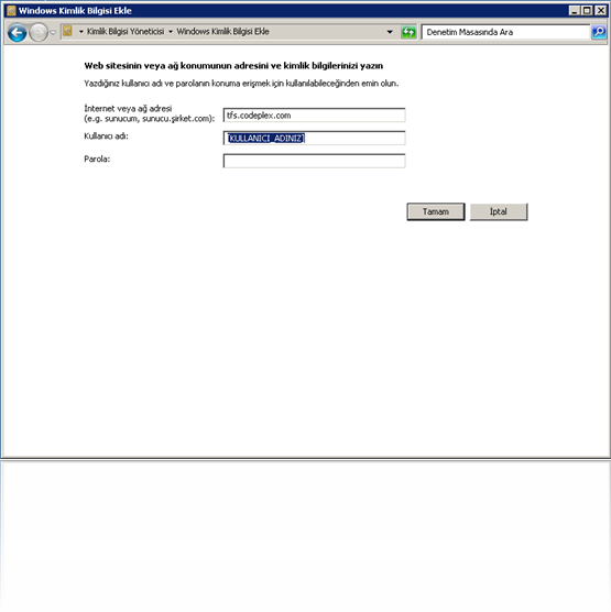 WindowsKimlikBilgisiEkle