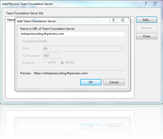 Yeni bir Team Foundation Server ekleme diyaloğu