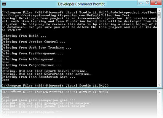 Visual Studio 11 komut satırından tfsdeleteproject komutunu çalıştırdığınızda ekip projesini silebileceksiniz