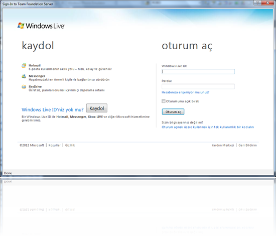 Team Foundation Services kullanıcı bilgilerinizi girebileceğiniz Windows Live ekranı