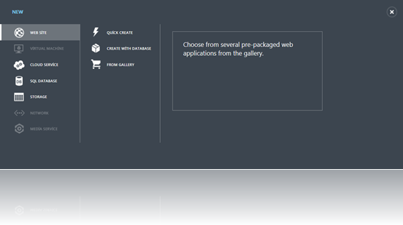 Windows Azure yönetim panelinde yer alan yeni hizmet oluşturma ekranı