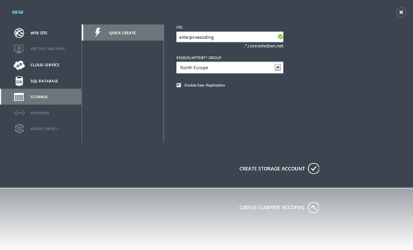 Windows Azure storage oluşturma ekranı : Ayarlar