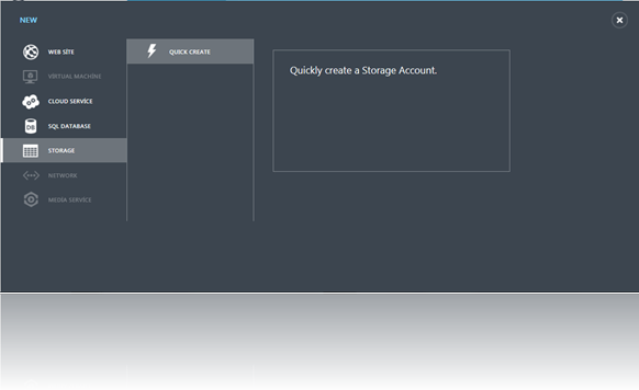Windows Azure storage oluşturma ekranı : Quick Create