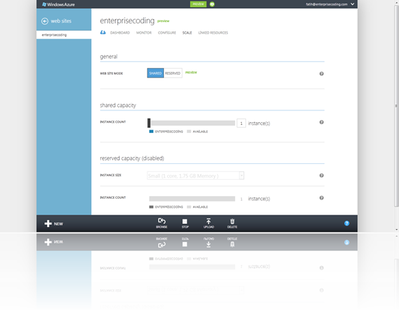 Windows Azure web sites yönetim paneli scale ekranı