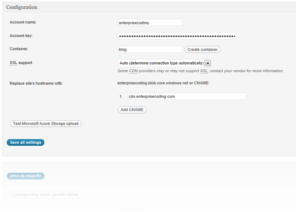 W3 Total Cache eklentisinin Windows Azure CDN yapılandırma ekranı
