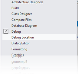 Visual Studio menüsünde ya da açıp bir araç çubuğu üzerinde boş bir alana gelerek sağ tıklayarak gelen menüden “Debug Location” seçeneğini seçebilirsiniz