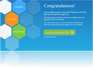Windows Azure yönetim portalı karşılama ekranı