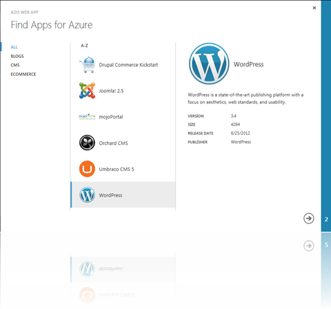 Windows Azure Web Sites ile hazır gelen uygulama seçenekleri; tabik ki WordPress'i seçiyoruz