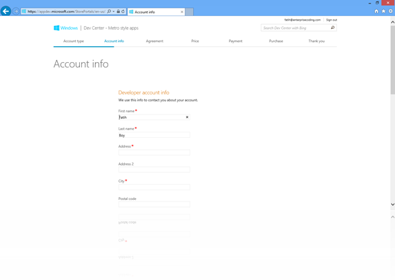 Account Info sayfasında sizlerden kendinizi tanıtmanız istenecektir