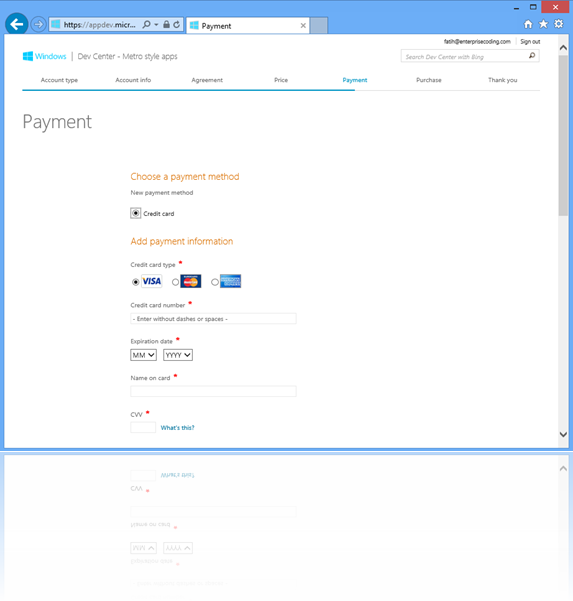 Windows Store Developer account kayıt adımlarından Payment adımında sizden kredi kartı bilgileri istenecektir