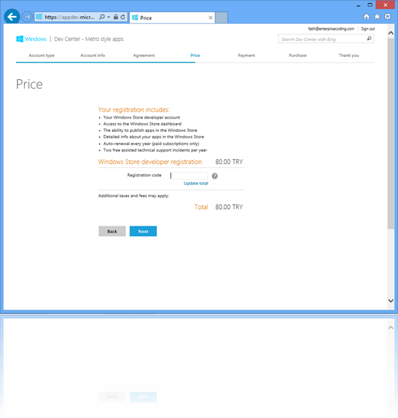 Türkiye'den başvuran bireysel geliştiriciler ₺80 ücret ödemektedirler. Tabi bir MSDN hesapları yoksa...