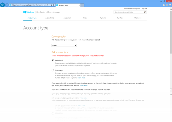 Windows Store developer account kaydı. İlk adımınız hesap türü seçimi olacaktır