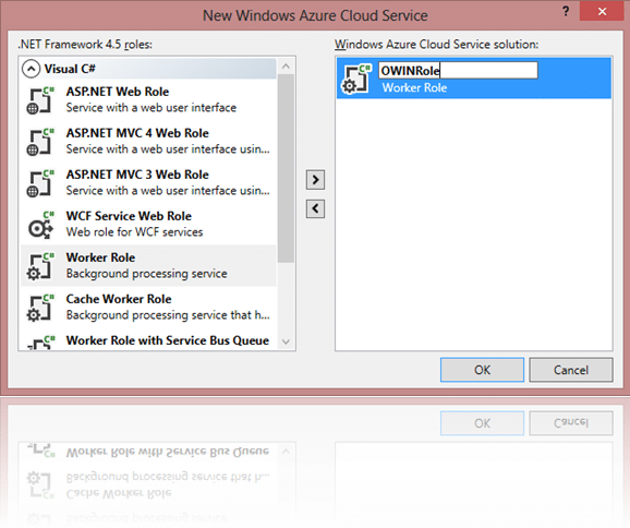 "New Windows Azure Cloud Service" diyaloğu