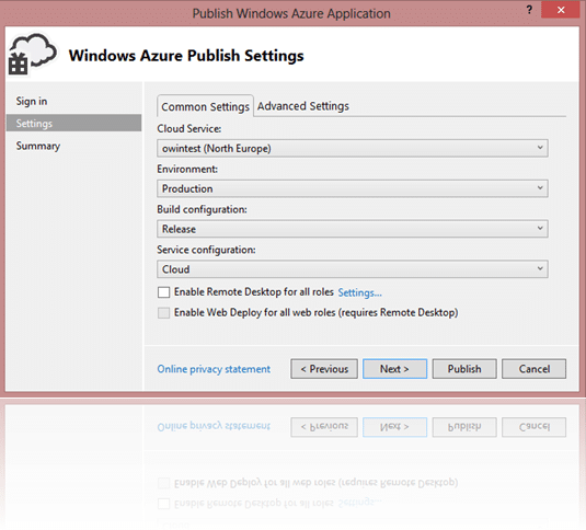 "Windows Azure Publish" diyaloğu Ayarlar segmesi