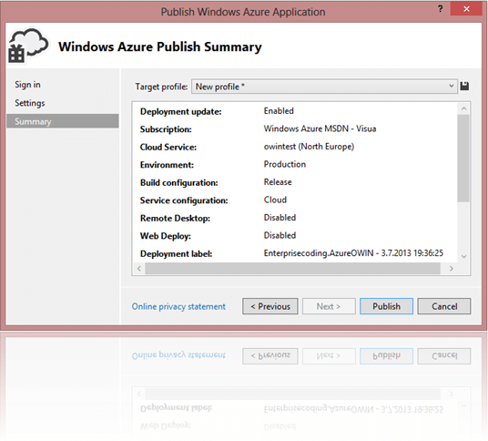 "Windows Azure Publish" diyaloğu Özet segmesi