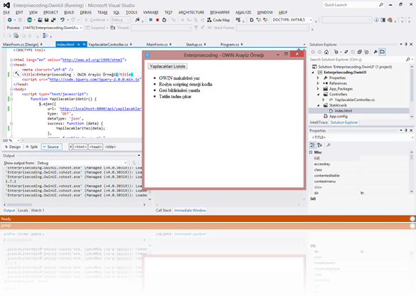 Yapılacaklar uygulamamızın Web API controller'dan çektiği veriler