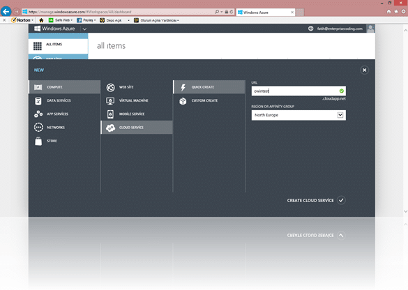 Yeni bir Bulut Hizmeti (Cloud Service) oluşturma ekranı