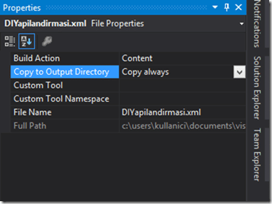 DIYapilandirmasi.xml dosyasının özellikleri
