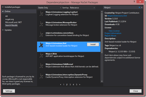 Ninject.Extensions.xml NuGet paketinin yüklenmesi