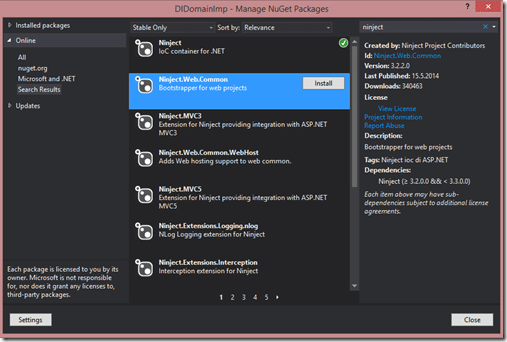 Ninject.Web.Common NuGet paketi yüklenmesi