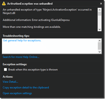 Alınan ActivationException hatasına dair dialog