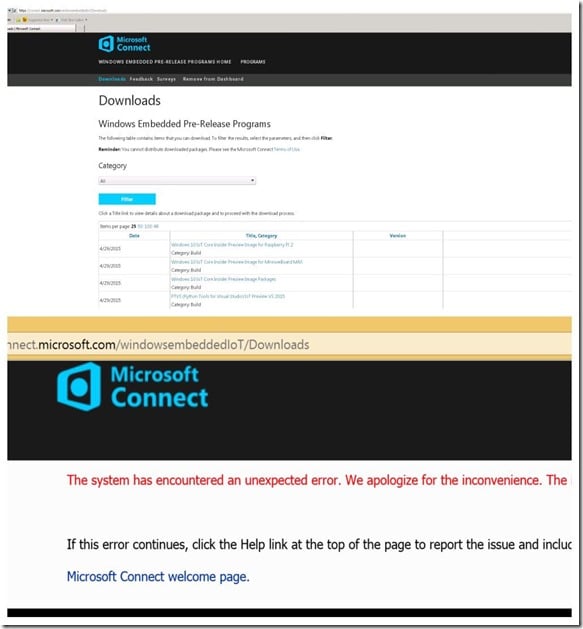 Windows Embedded Connect sitesine Türkiye'den bağlandığınızda alınan hata mesajı ve Azure üzerinden sayfaya ulaşma