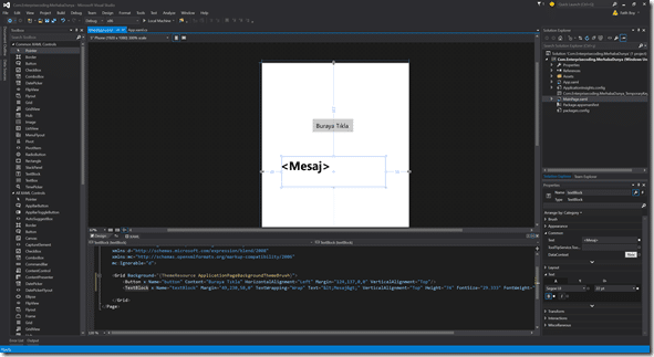 MainPage.xaml sayfasının tasarım modunda açılarak buton ve textblock eklenmesi