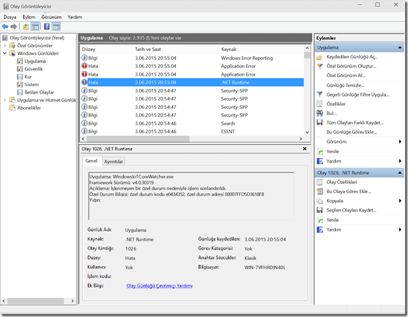 Olay Görüntüleyisinde .Net Runtime ve Application Error kaynaklarından gelen hata mesajları