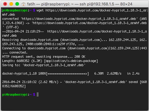 wget https://downloads.hypriot.com/docker-hypriot_1.10.3-1_armhf.deb komutu ile paketi yerele indirelim