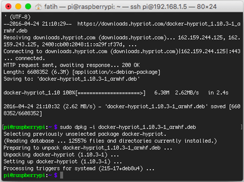 sudo dpkg -i docker-hypriot_1.10.3-1_armhf.deb komutu ile paketimizi kuralım