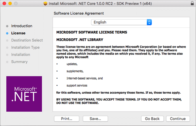 .Net Core kurulum lisans söleşmesi sayfası