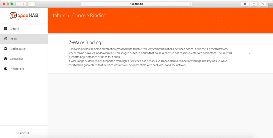 OpenHAB 2 Binding seçim ekranı