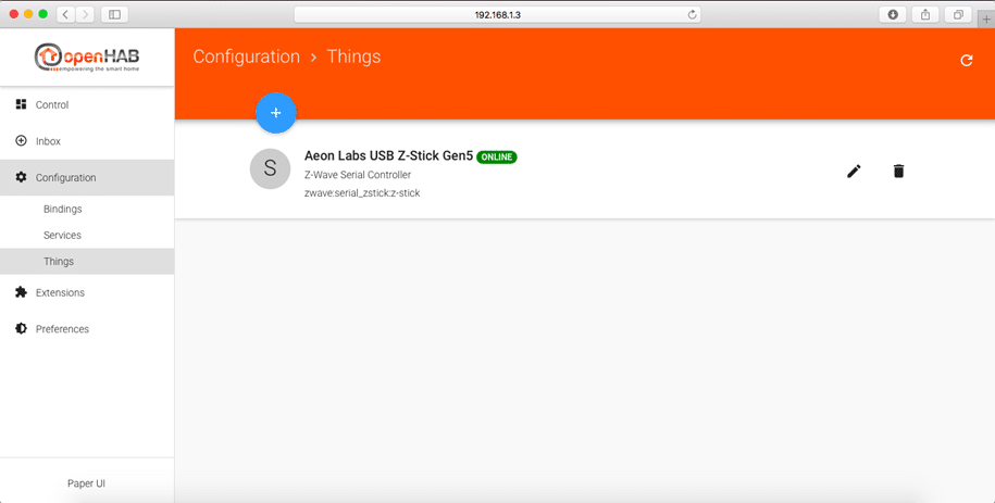 OpenHAB 2 cihaz listesinde yeni eklediğimiz Z-Stick görülebilir