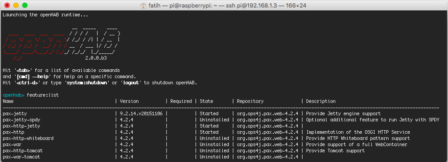 OpenHAB 2 shell üzerinde feature:list komutu ile eklenti listesine ve durumuna ulaşabiliriz