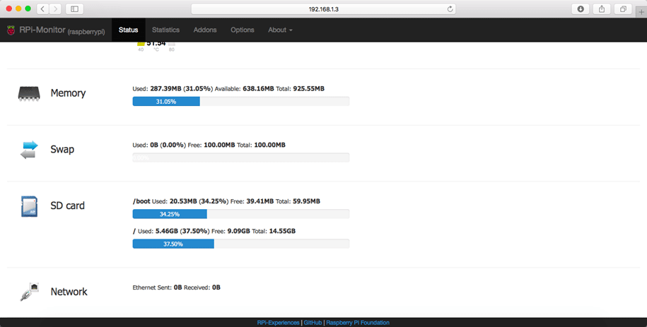 RPi-Monitor durum özet sayfası- alt bölüm