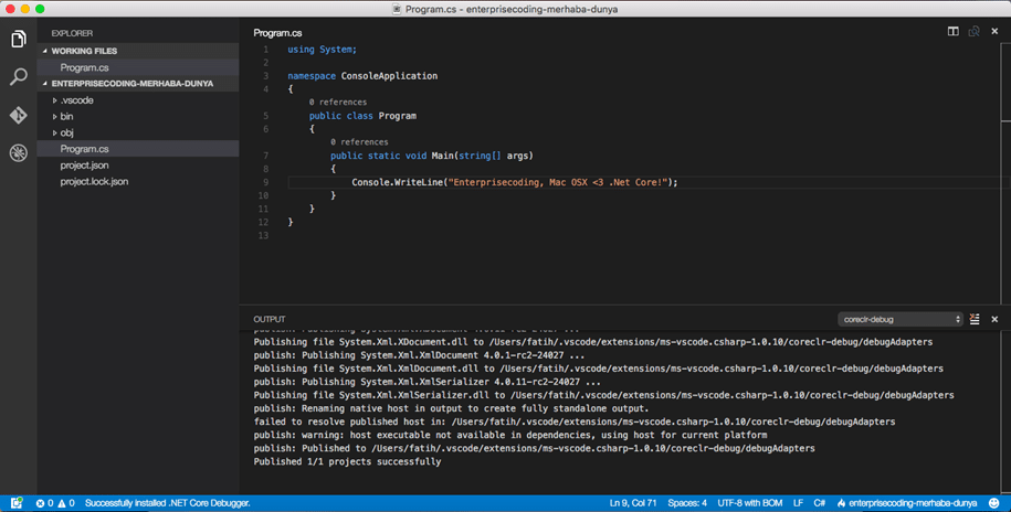Visual Studio Code içerisinde projenin açılması