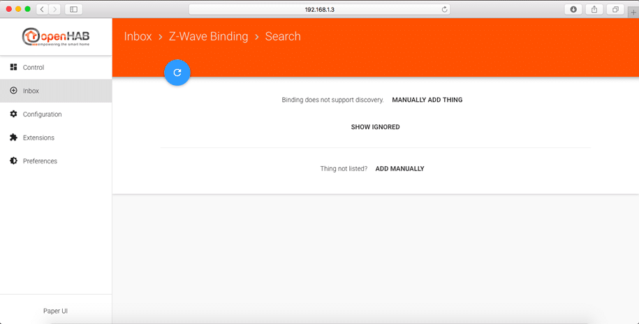 Z-Wave Binding'in otomatik arama özelliği olmadığı için ADD MANUALLY seçeneğini seçmeliyiz