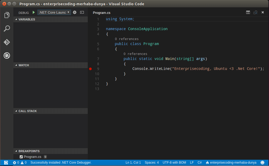 Visual Studio Code içerisinde break point koyma